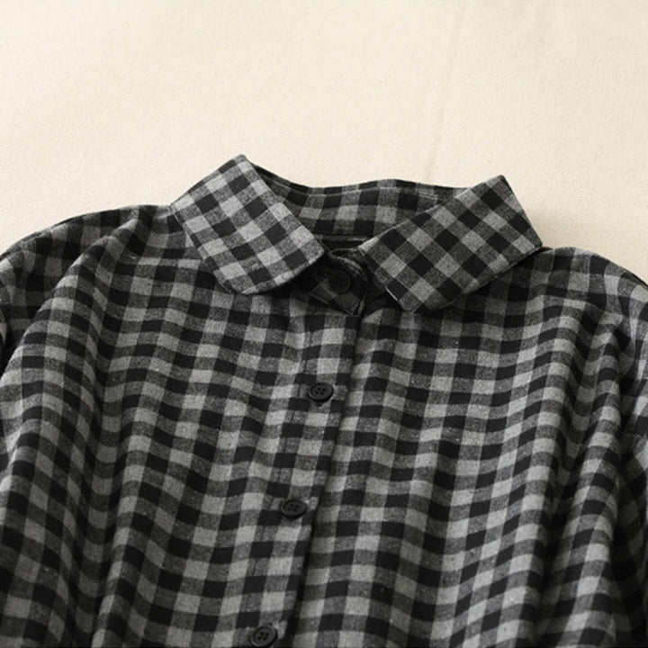 Buddha Stonesブラック レースアップデザイン チェック柄ラペル 長袖 コットンリネン ミディドレス ポケット付き - image 2