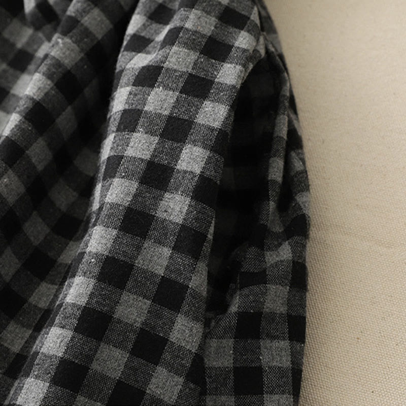 Buddha Stonesブラック レースアップデザイン チェック柄ラペル 長袖 コットンリネン ミディドレス ポケット付き - image 7