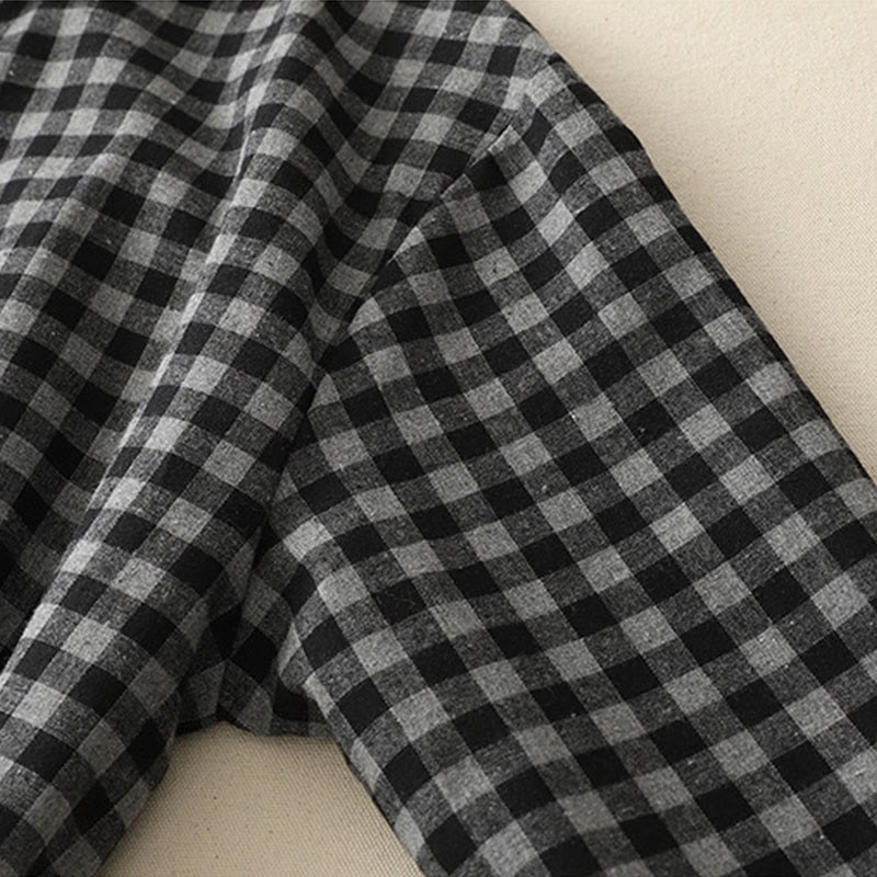 Buddha Stonesブラック レースアップデザイン チェック柄ラペル 長袖 コットンリネン ミディドレス ポケット付き - image 8