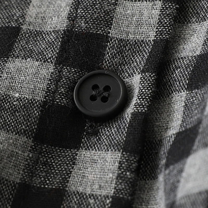 Buddha Stonesブラック レースアップデザイン チェック柄ラペル 長袖 コットンリネン ミディドレス ポケット付き - image 5