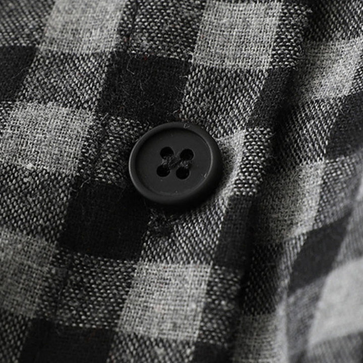 Buddha Stonesブラック レースアップデザイン チェック柄ラペル 長袖 コットンリネン ミディドレス ポケット付き - image 5