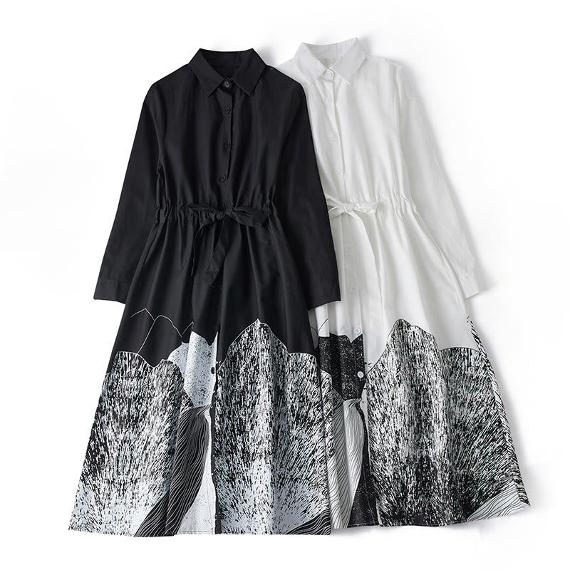 Buddha Stonesプリントの不規則なラインが特徴的な長袖レースアップラペルコットンミディドレス（ポケット付き） - image 15