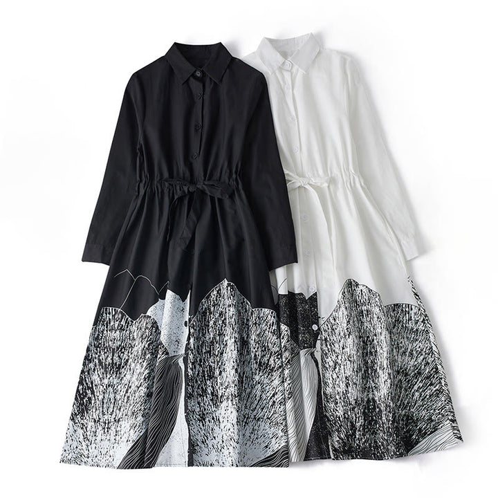 Buddha Stonesプリントの不規則なラインが特徴的な長袖レースアップラペルコットンミディドレス（ポケット付き） - image 15