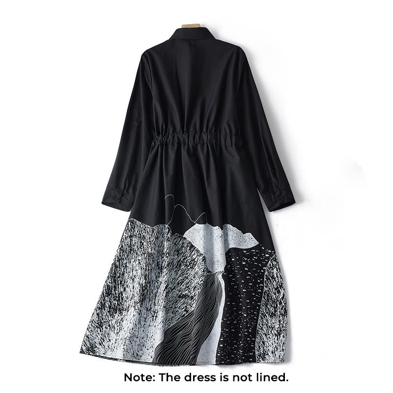 Buddha Stonesプリントの不規則なラインが特徴的な長袖レースアップラペルコットンミディドレス（ポケット付き） - image 1