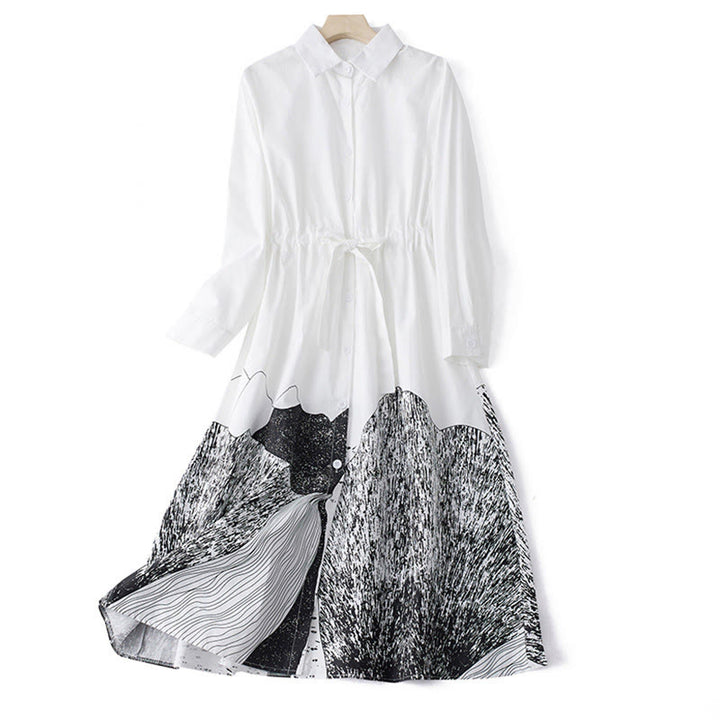 Buddha Stonesプリントの不規則なラインが特徴的な長袖レースアップラペルコットンミディドレス（ポケット付き） - 白 - US8-10，UK/AU12-14，EU40-42 (2XL) - image 9