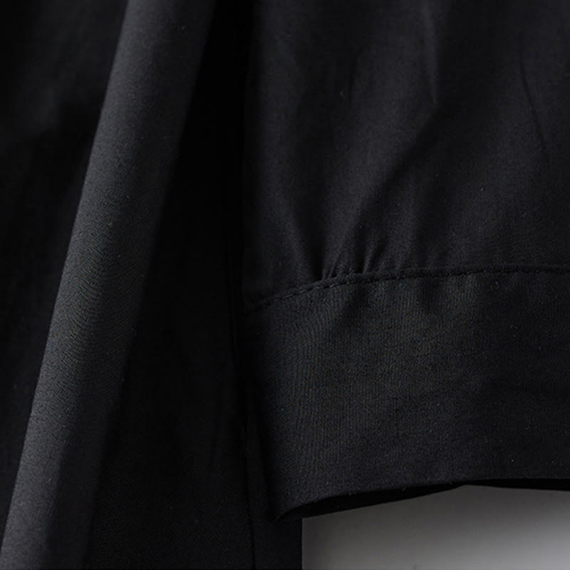 Buddha Stonesプリントの不規則なラインが特徴的な長袖レースアップラペルコットンミディドレス（ポケット付き） - image 4