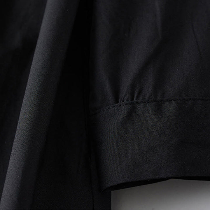 Buddha Stonesプリントの不規則なラインが特徴的な長袖レースアップラペルコットンミディドレス（ポケット付き） - image 4