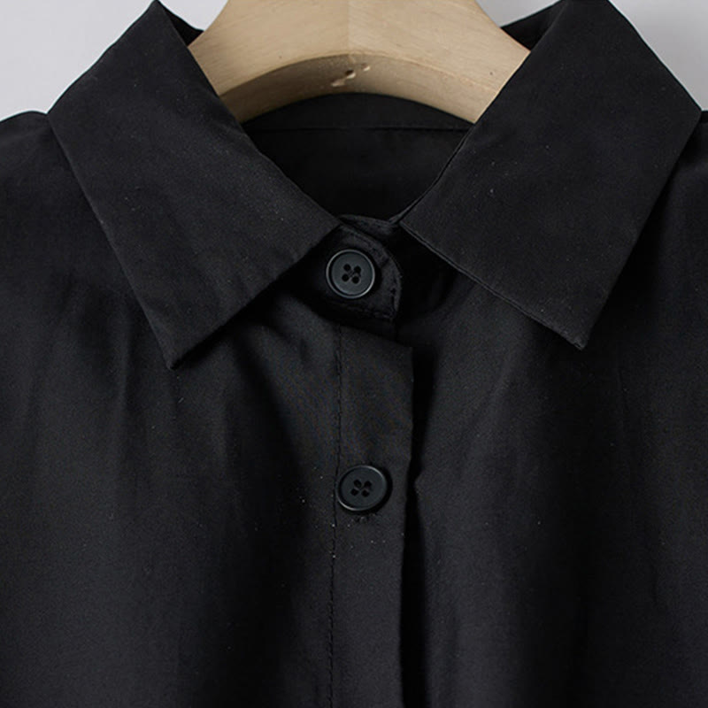 Buddha Stonesプリントの不規則なラインが特徴的な長袖レースアップラペルコットンミディドレス（ポケット付き） - image 2