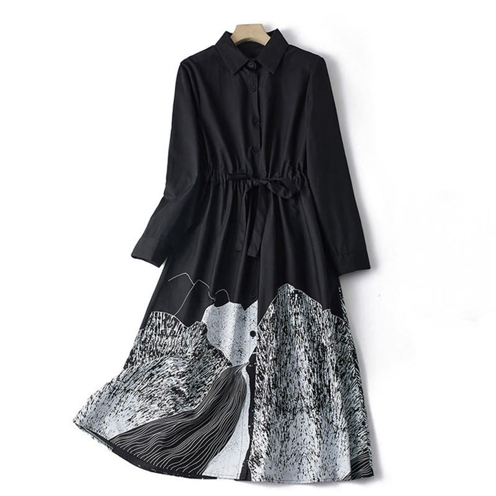 Buddha Stonesプリントの不規則なラインが特徴的な長袖レースアップラペルコットンミディドレス（ポケット付き） - 黒 - US8-10，UK/AU12-14，EU40-42 (2XL) - image 0