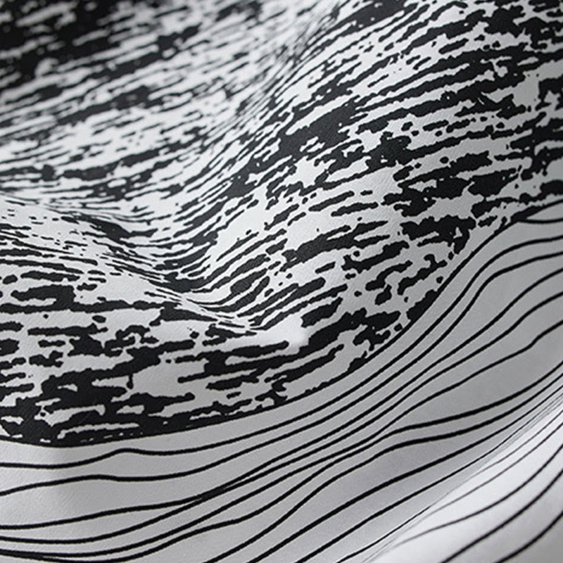 Buddha Stonesプリントの不規則なラインが特徴的な長袖レースアップラペルコットンミディドレス（ポケット付き） - image 14