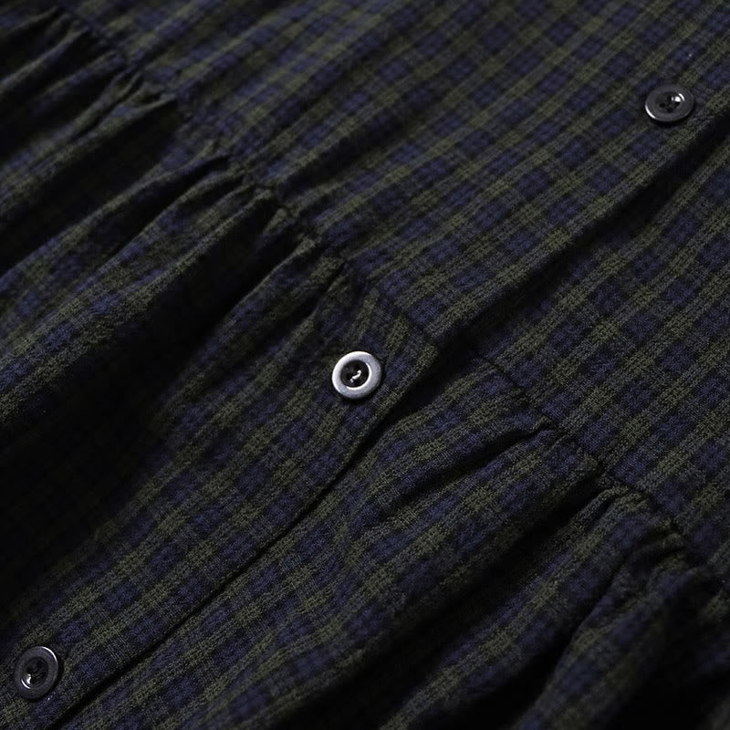 Buddha Stones長袖 チェック柄 シンプルボタン フリルデザイン コットンリネン ミディドレス ポケット付き - image 2