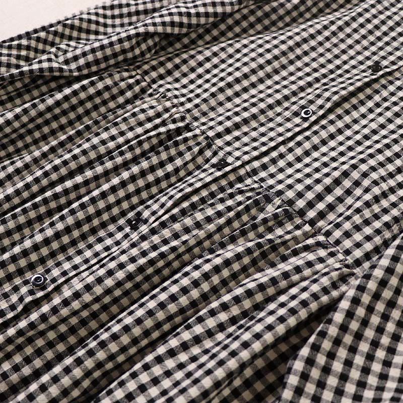 Buddha Stones長袖 チェック柄 シンプルボタン フリルデザイン コットンリネン ミディドレス ポケット付き - image 14