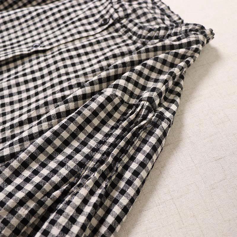 Buddha Stones長袖 チェック柄 シンプルボタン フリルデザイン コットンリネン ミディドレス ポケット付き - image 13