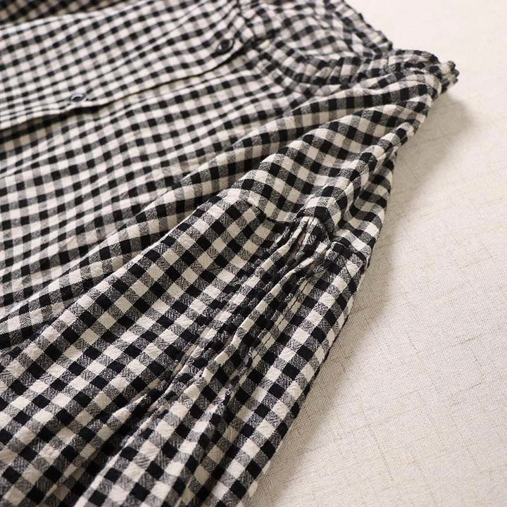 Buddha Stones長袖 チェック柄 シンプルボタン フリルデザイン コットンリネン ミディドレス ポケット付き - image 13