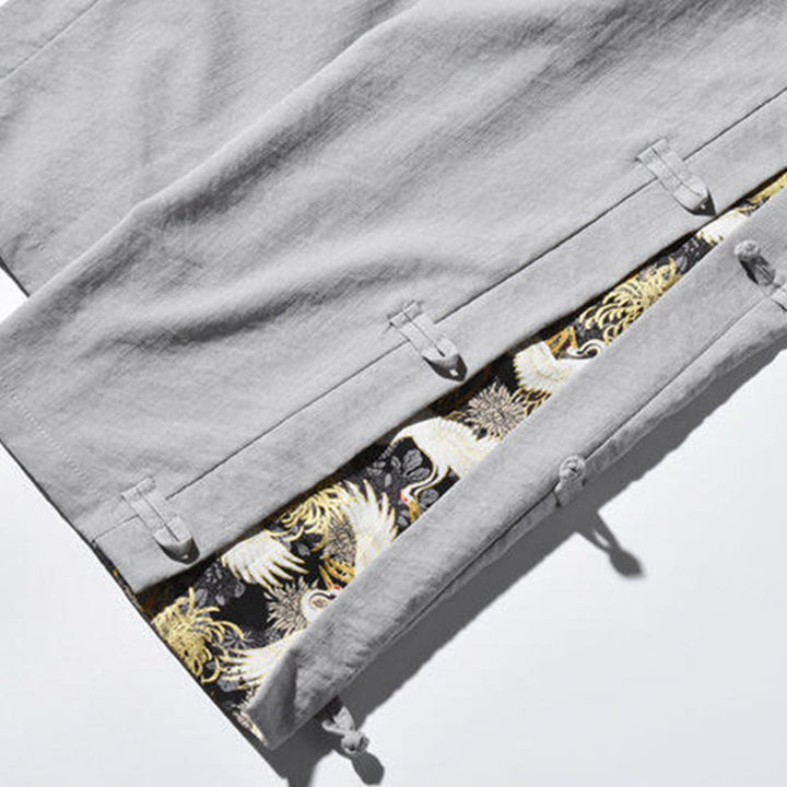 Buddha Stonesカジュアルパッチワーククレーン柄カエルボタンデザインメンズワイドレッグパンツポケット付き - image 28