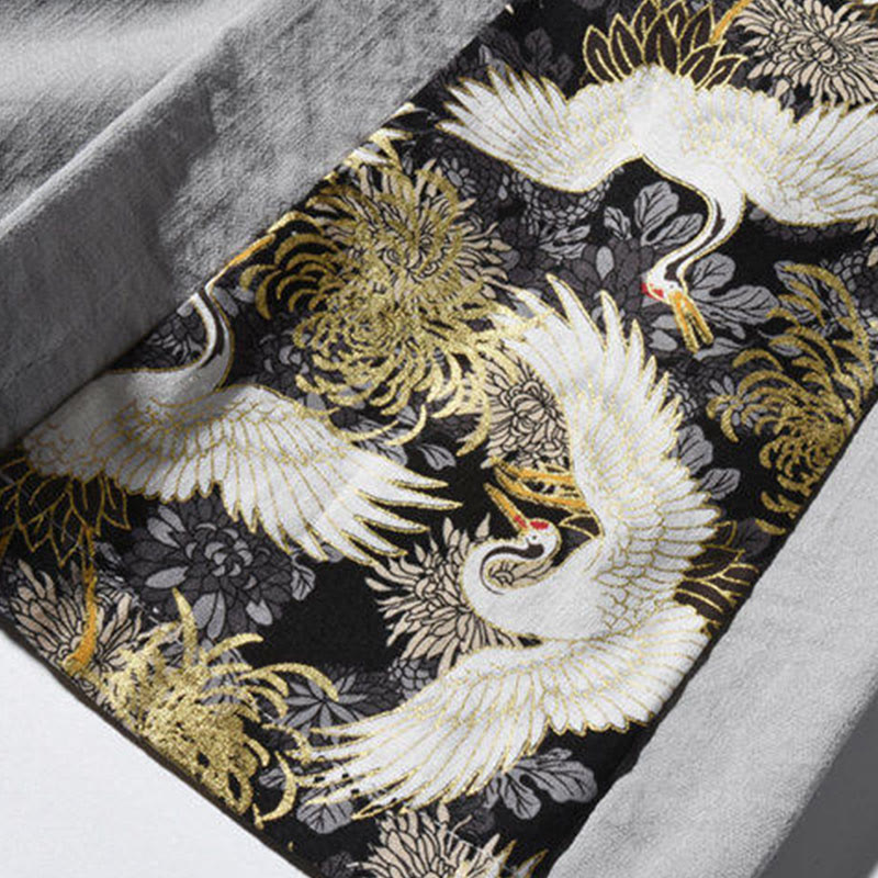 Buddha Stonesカジュアルパッチワーククレーン柄カエルボタンデザインメンズワイドレッグパンツポケット付き - image 27