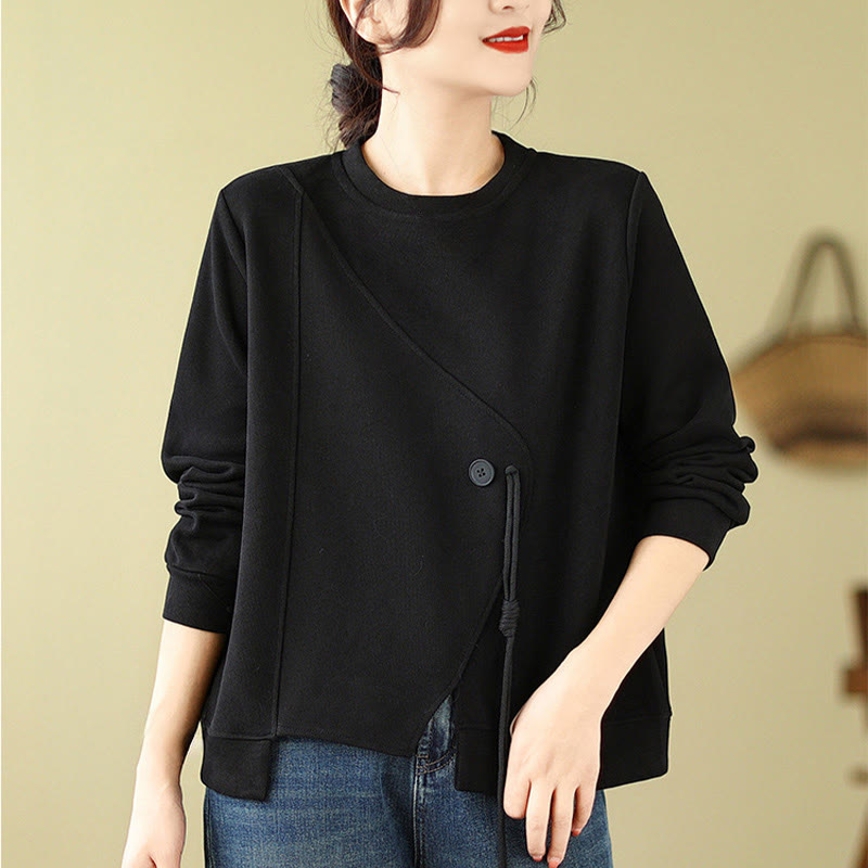 Buddha Stones秋 プレーンボタン クルーネック コットン プルオーバー レディース スウェットシャツ  - 黒 - US12、 UK/AU16、 EU44 (2XL) - image 0