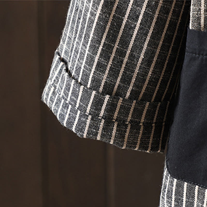 Buddha Stonesスプライシングストライプ レディース コットンリネン ジャケット ポケット付き - image 5