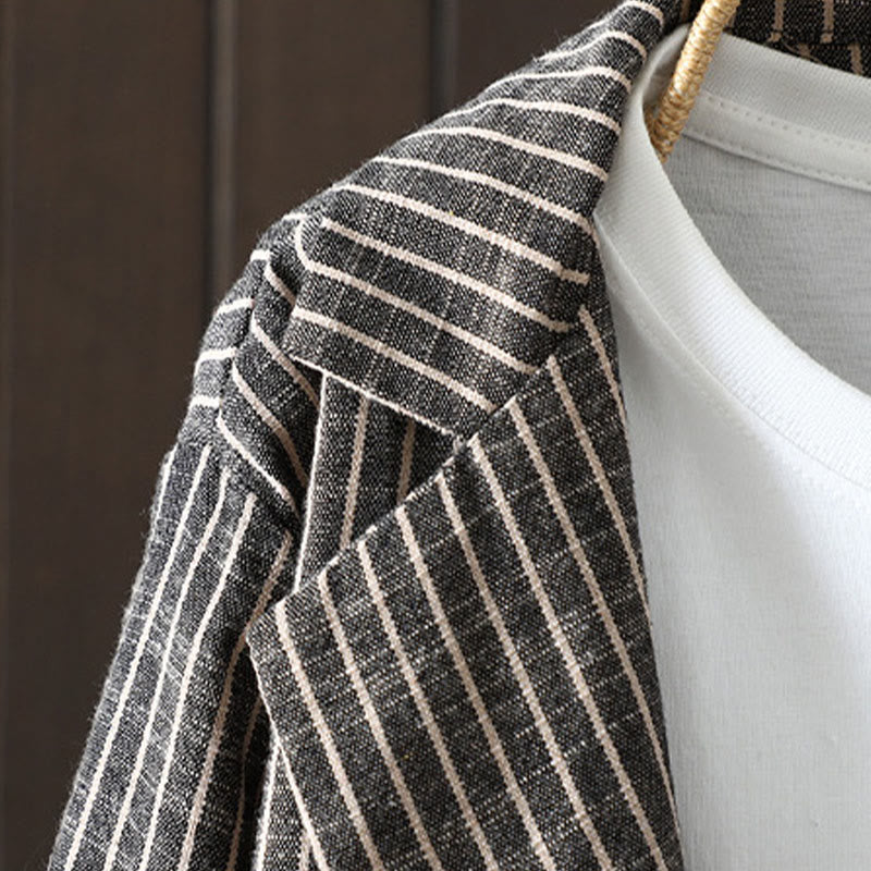 Buddha Stonesスプライシングストライプ レディース コットンリネン ジャケット ポケット付き - image 1