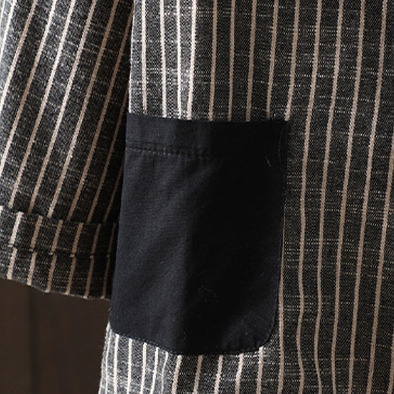 Buddha Stonesスプライシングストライプ レディース コットンリネン ジャケット ポケット付き - image 3