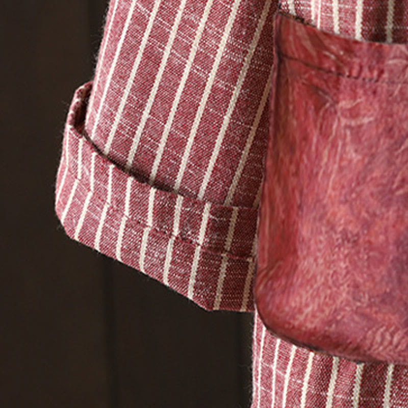 Buddha Stonesスプライシングストライプ レディース コットンリネン ジャケット ポケット付き - image 9