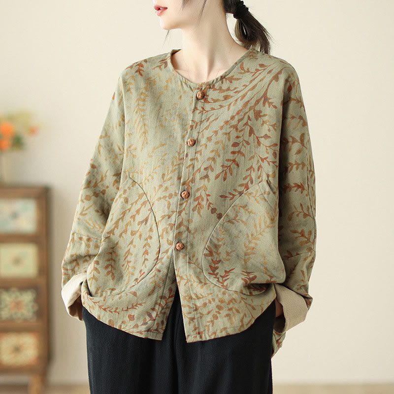 Buddha Stonesリーフプリントレディースコットンリネンジャケット（ポケット付き） - ダークカーキ - US14、 UK/AU18、 EU46 (2XL) - image 1