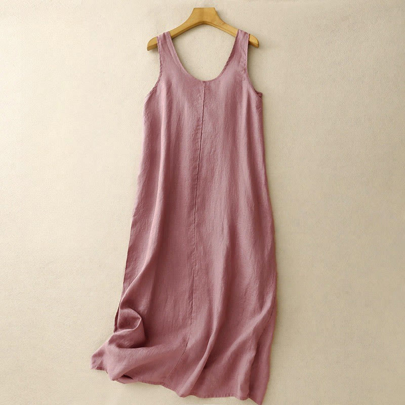 Buddha Stonesサマー デイリーカジュアル ピュアカラー クルーネック シンプルデザイン ノースリーブ ミディドレス - ペールバイオレットレッド - US14、 UK/AU18、 EU46 (2XL) - image 0