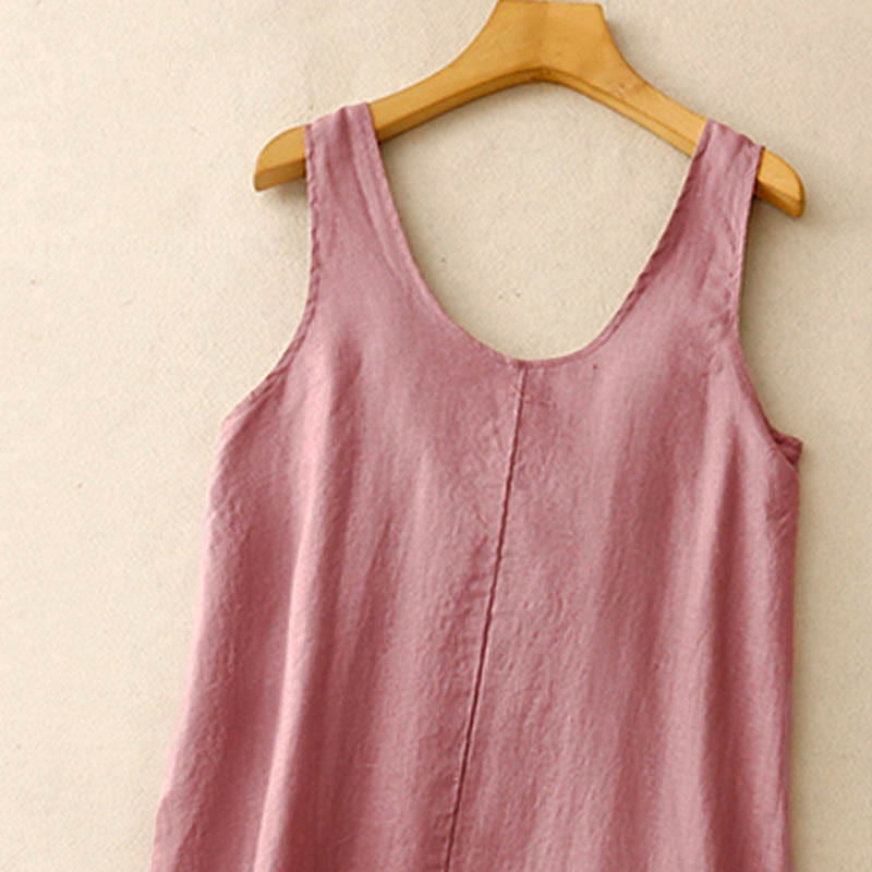 Buddha Stonesサマー デイリーカジュアル ピュアカラー クルーネック シンプルデザイン ノースリーブ ミディドレス - image 1