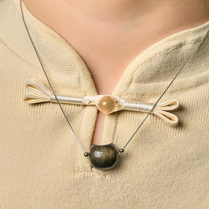 Buddha Stones 925スターリングシルバー ナチュラルシルバー シーンオブシディアン ゴールドシーンオブシディアン キャットネックレス - image 7