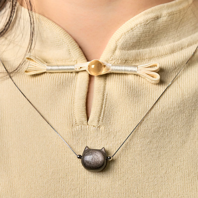 Buddha Stones 925スターリングシルバー ナチュラルシルバー シーンオブシディアン ゴールドシーンオブシディアン キャットネックレス - image 2