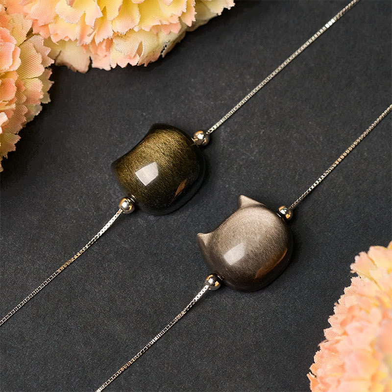 Buddha Stones925 スターリングシルバー シルバーシーンオブシディアン ゴールドシーンオブシディアン 猫の癒しブレスレット - image 16