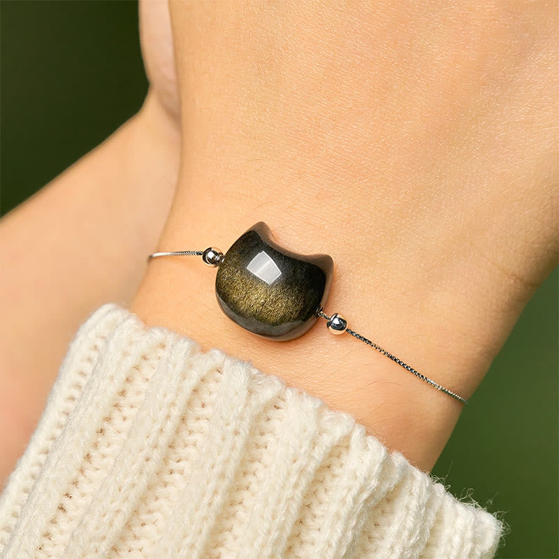 Buddha Stones925 スターリングシルバー シルバーシーンオブシディアン ゴールドシーンオブシディアン 猫の癒しブレスレット - image 13