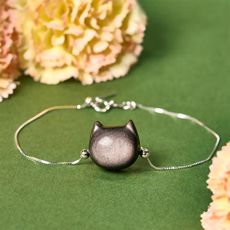 Buddha Stones925 スターリングシルバー シルバーシーンオブシディアン ゴールドシーンオブシディアン 猫の癒しブレスレット - シルバーシーンオブシディアン - 17～22cm - image 1