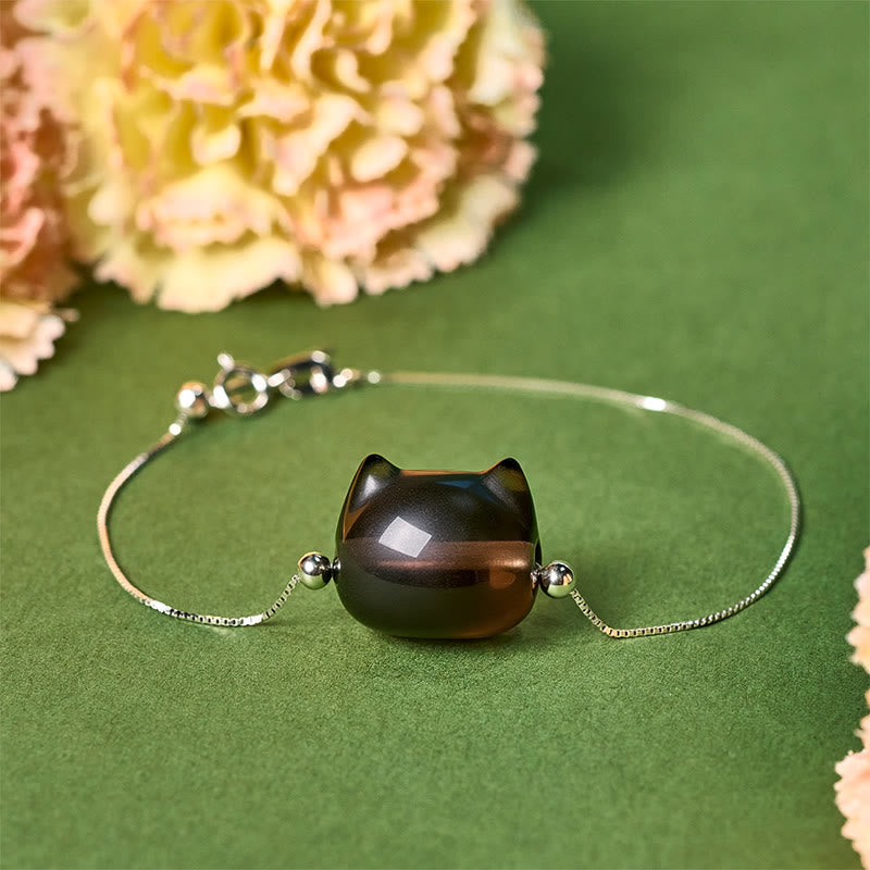 Buddha Stones925スターリングシルバー 猫 天然氷オブシディアン幸運を呼ぶブレスレット - 18～22cm - image 1