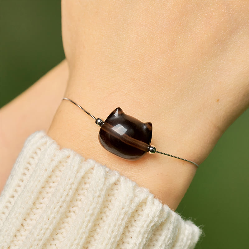 Buddha Stones925スターリングシルバー 猫 天然氷オブシディアン幸運を呼ぶブレスレット - image 4