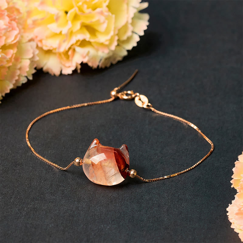 Buddha Stones 925スターリングシルバー 顔なし猫の頭 天然レッドフラワークォーツ パッションブレスレット - image 2