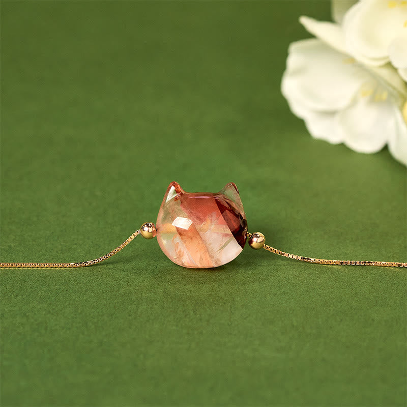 Buddha Stones 925スターリングシルバー 顔なし猫の頭 天然レッドフラワークォーツ パッションブレスレット - image 2