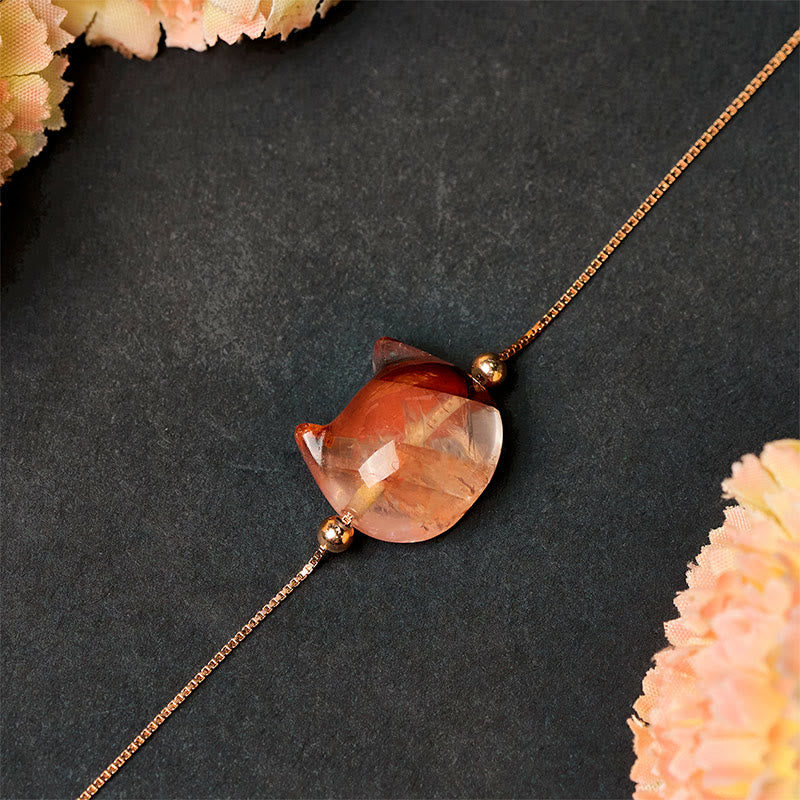 Buddha Stones 925スターリングシルバー 顔なし猫の頭 天然レッドフラワークォーツ パッションブレスレット - image 3