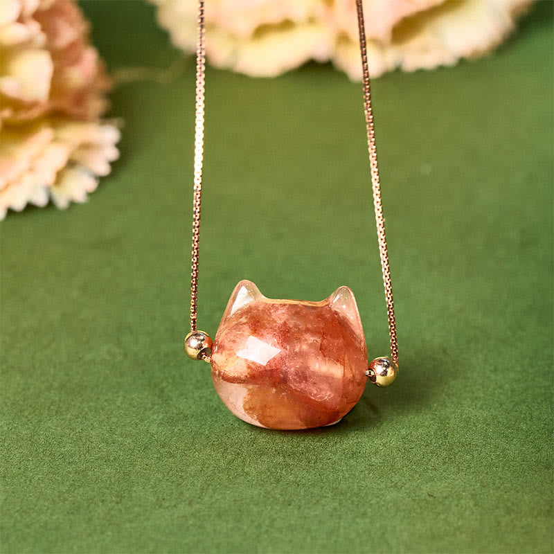 Buddha Stones 925スターリングシルバー キャットヘッド 天然レッドフラワークォーツ 守護ネックレスペンダント - image 2