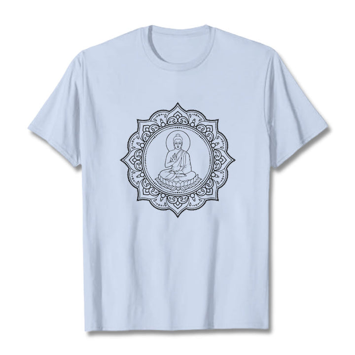 Buddha Stones、蓮華座で瞑想する仏陀の模様のTシャツ - ライトシアン - 2XL - image 19