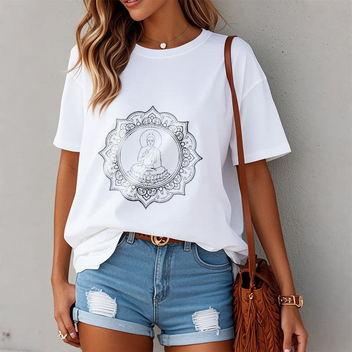 Buddha Stones、蓮華座で瞑想する仏陀の模様のTシャツ - image 10