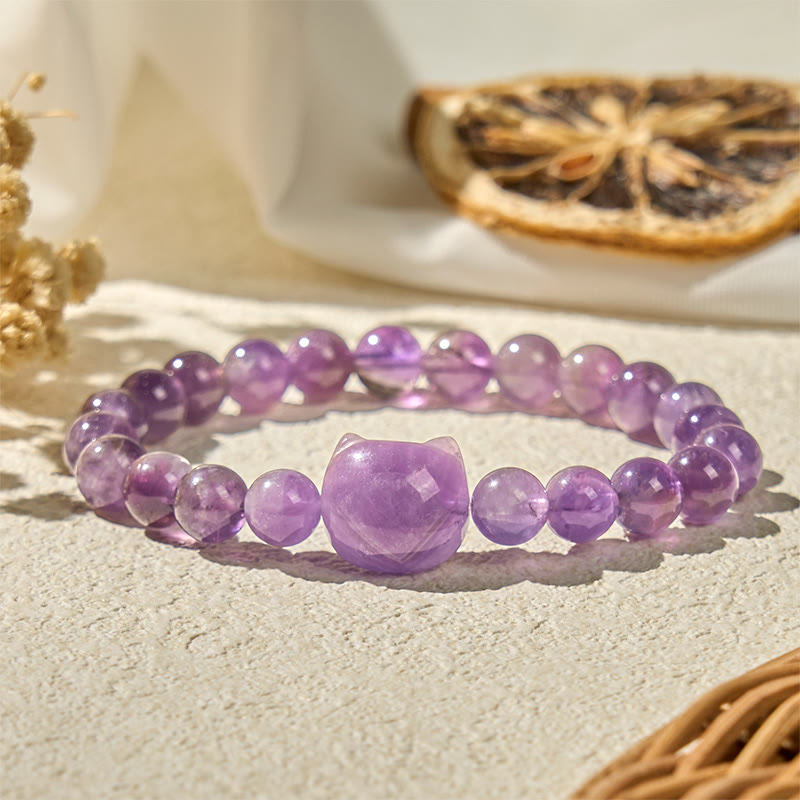 Buddha Stonesかわいい猫顔アメジスト スピリチュアルな気づきのブレスレット - アメジスト（手首周り15～20cm） - image 1