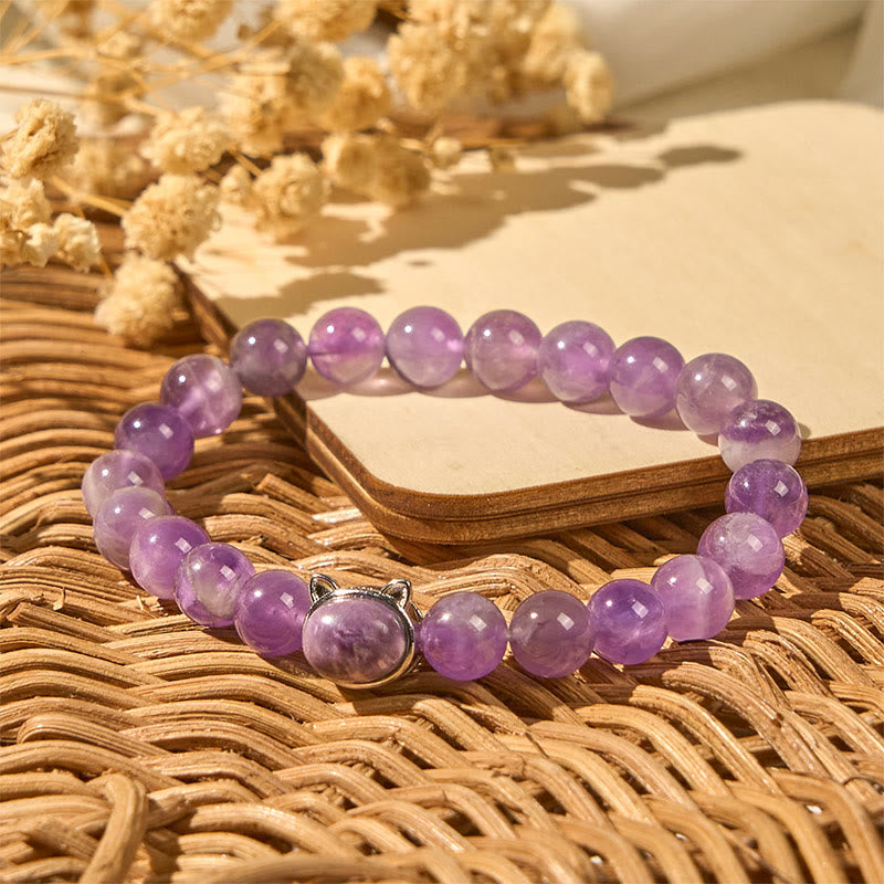 Buddha Stonesかわいい猫顔アメジスト ストレス解消ブレスレット - image 2