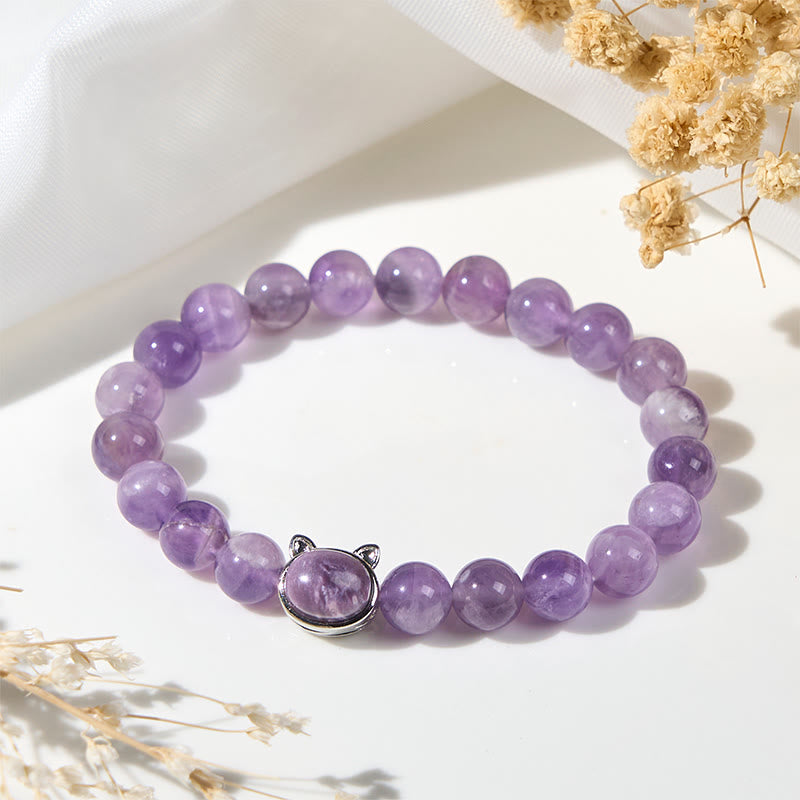 Buddha Stonesかわいい猫顔アメジスト ストレス解消ブレスレット - image 3