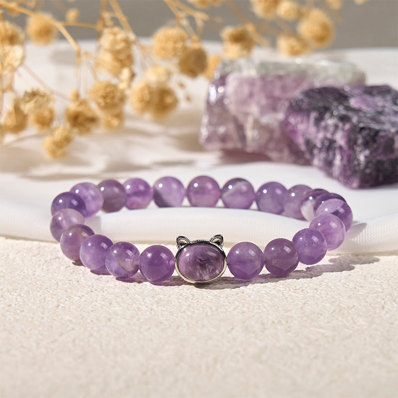 Buddha Stonesかわいい猫顔アメジスト ストレス解消ブレスレット - image 2