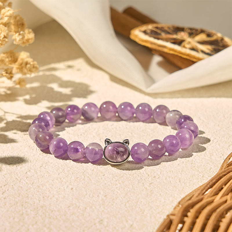 Buddha Stonesかわいい猫顔アメジスト ストレス解消ブレスレット - アメジスト（手首周り：14～16cm） - image 1