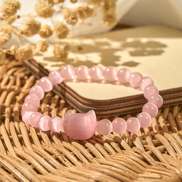 Buddha Stones愛らしい猫の頭 ピンクキャッツアイ ホワイトキャッツアイ スピリチュアルビーズブレスレット - image 4
