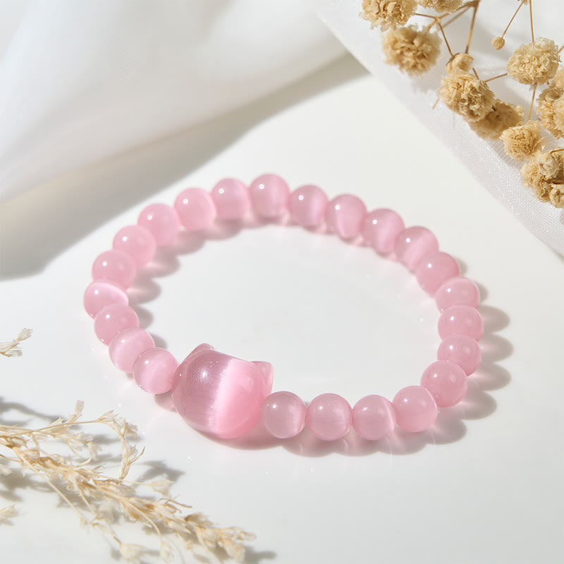 Buddha Stones愛らしい猫の頭 ピンクキャッツアイ ホワイトキャッツアイ スピリチュアルビーズブレスレット - image 2