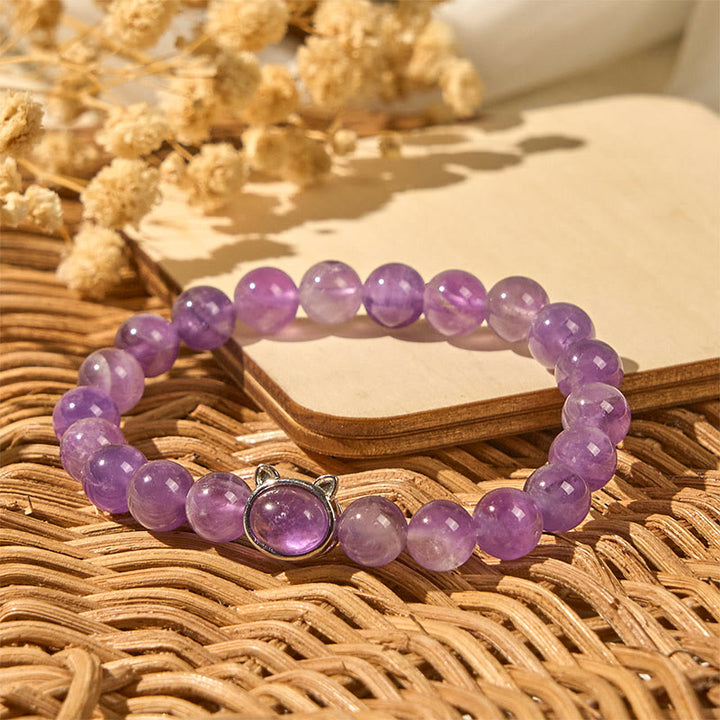 Buddha Stones天然アメジストビーズかわいい猫のヒーリングブレスレット - image 5