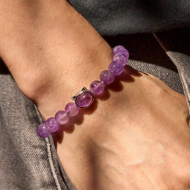 Buddha Stones天然アメジストビーズかわいい猫のヒーリングブレスレット - image 4